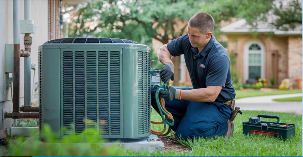 In a sunny suburban Texas setting, a professional HVAC technician in a reliable uniform is diligently servicing a central air conditioning unit outside a welcoming home, with a toolbox and plumbing pipes subtly present, surrounded by lush greenery typical of Greater Austin and Abilene, using a blue and green palette to evoke trust and quality.