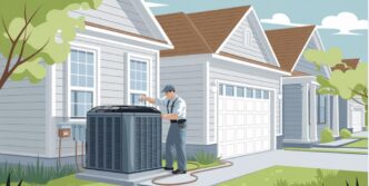 The image depicts a peaceful suburban home in a Texas neighborhood, where a professional HVAC technician in uniform is seen diligently performing maintenance on a central HVAC unit outside the house, creating a bright and welcoming atmosphere with warm colors like soft blues and greens, emphasizing comfort, safety, and the importance of indoor air quality, resonating with the community-focused brand identity of Quality Cooling, Heating & Plumbing.
