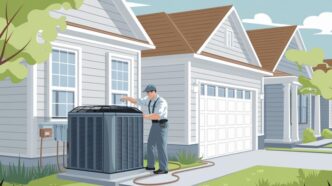 The image depicts a peaceful suburban home in a Texas neighborhood, where a professional HVAC technician in uniform is seen diligently performing maintenance on a central HVAC unit outside the house, creating a bright and welcoming atmosphere with warm colors like soft blues and greens, emphasizing comfort, safety, and the importance of indoor air quality, resonating with the community-focused brand identity of Quality Cooling, Heating & Plumbing.