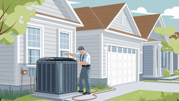 The image depicts a peaceful suburban home in a Texas neighborhood, where a professional HVAC technician in uniform is seen diligently performing maintenance on a central HVAC unit outside the house, creating a bright and welcoming atmosphere with warm colors like soft blues and greens, emphasizing comfort, safety, and the importance of indoor air quality, resonating with the community-focused brand identity of Quality Cooling, Heating & Plumbing.